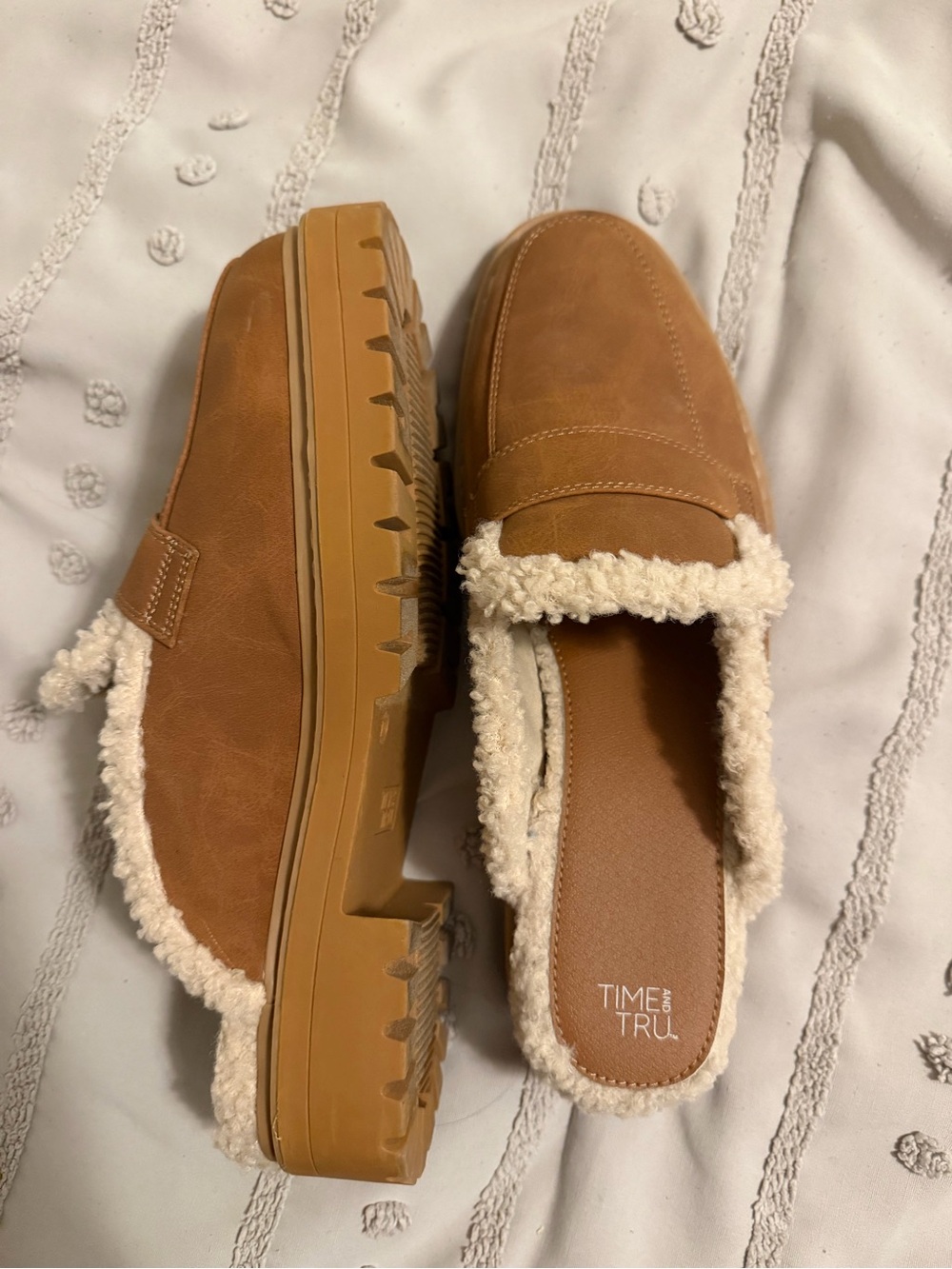 Time and Tru Tan Faux-Suede Shearling-Lined Slip-On Mules